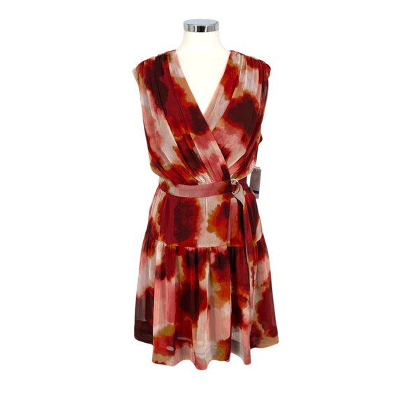 Taylor Printed Wrap Sleeveless Dress Red Pink Floral With Belt Size XL - Picture 1 of 12